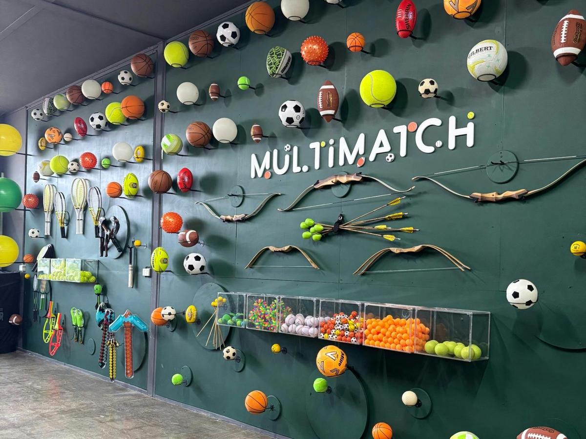 MultiMatch Cleveland equipment wall with balls and gear for interactive sports games