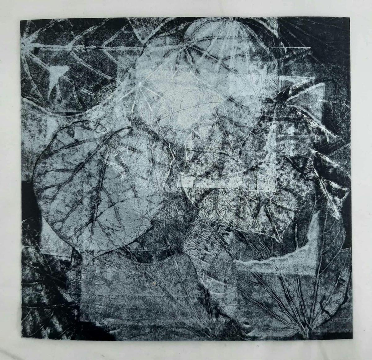 Monoprint white botanical print on black square paper