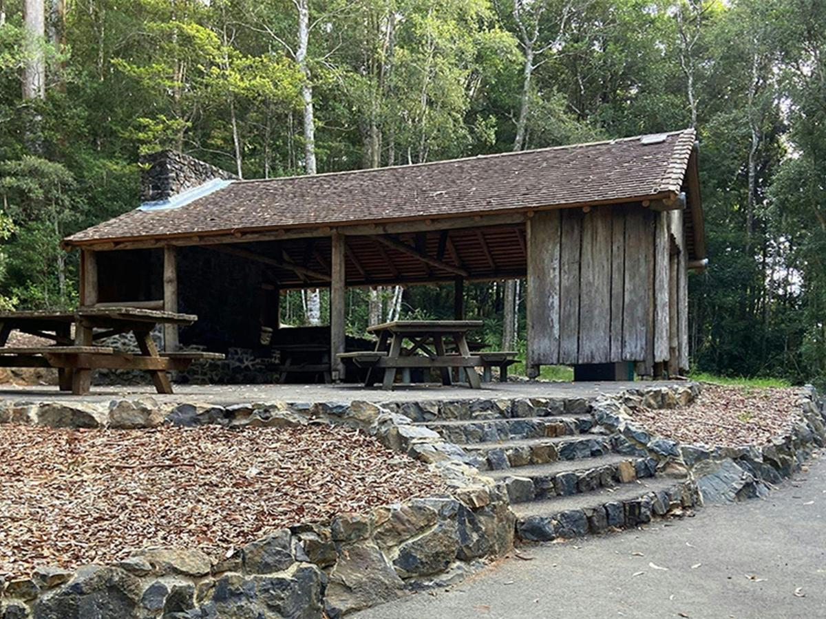 A picnic shelter and table at Never Never picnic area, accessible by stone steps or a concrete path.