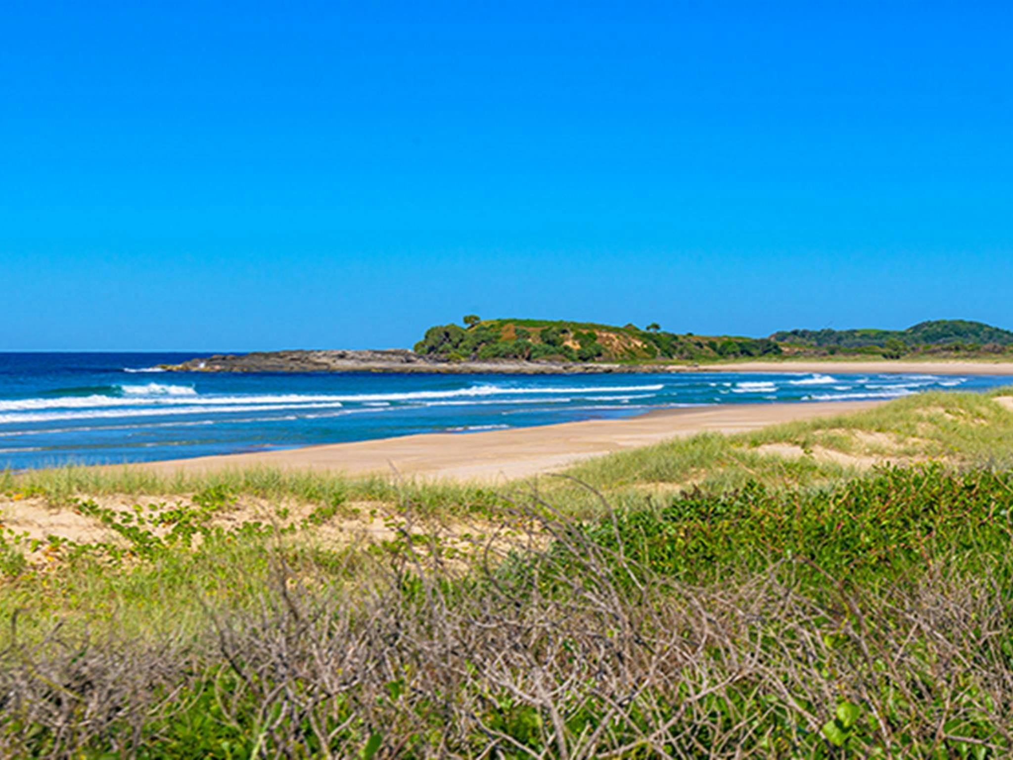 View of surf and rocky headland over beach and dune vegetation.  Photo: Jessica Robertson/OEH.