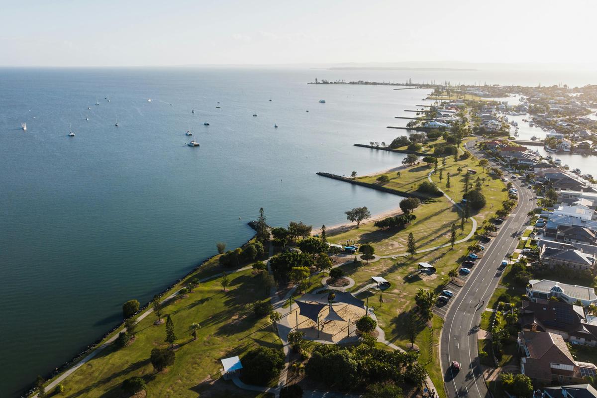 Aerial View of Raby Bay Foreshore Parklands and Marina, Redlands Coast