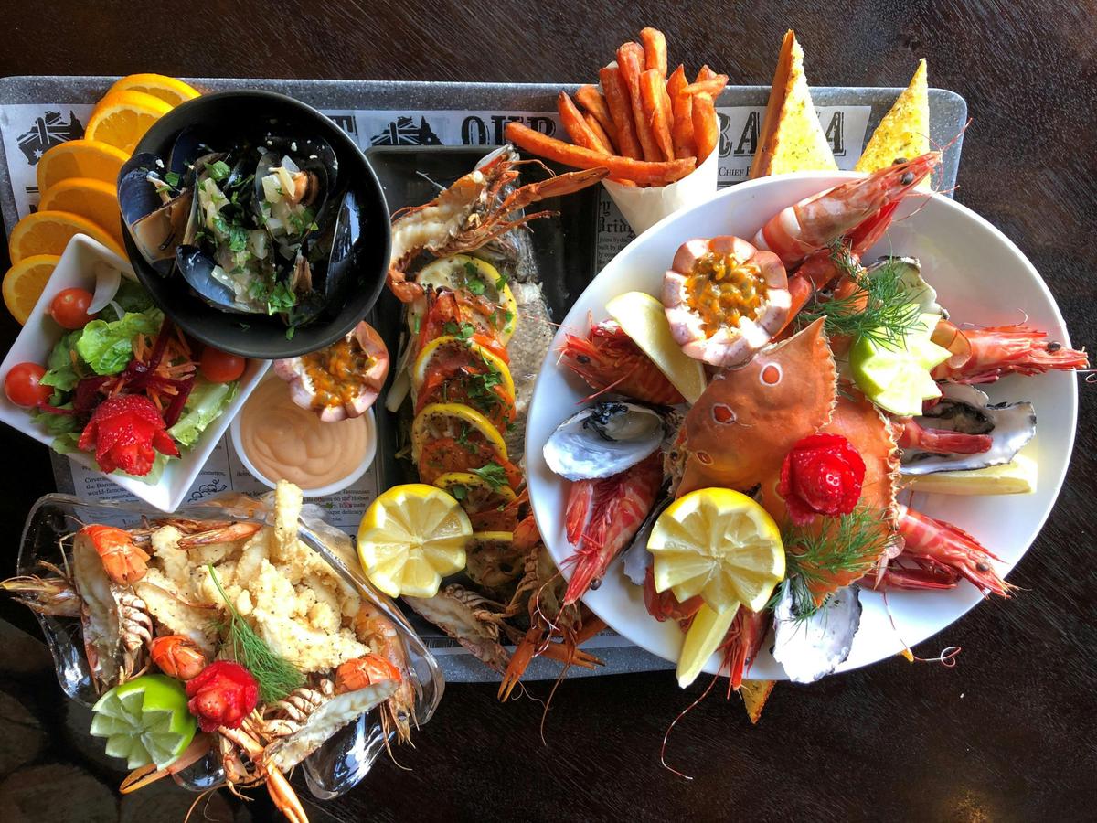 Crab, prawns, calamari and fish