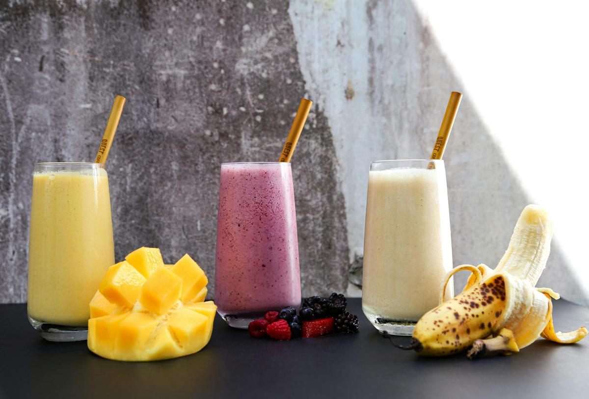 Freshly made smoothies. Mango. Mixed berries. Banana.
