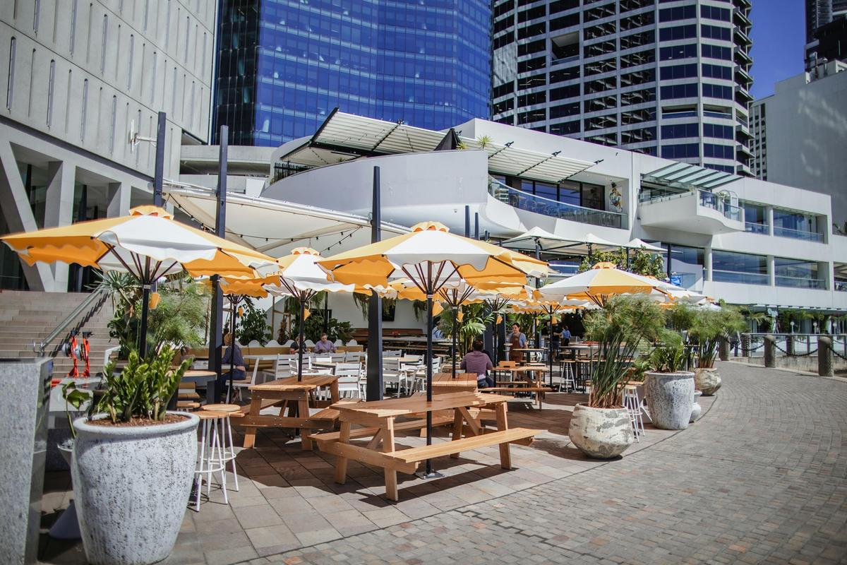 Venue tables and umbrellas