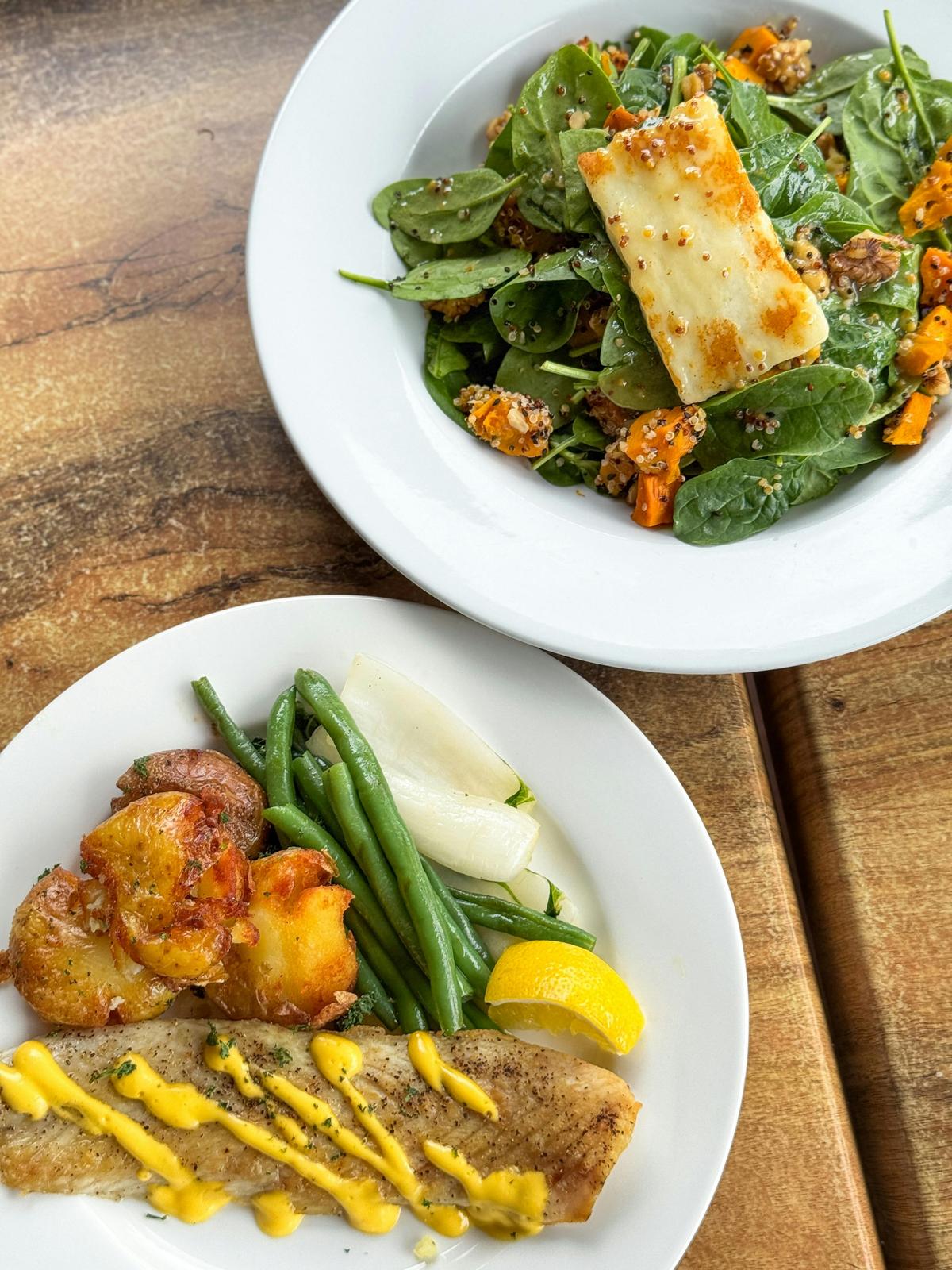 Pumpkin salad and Mackerel with vegetables