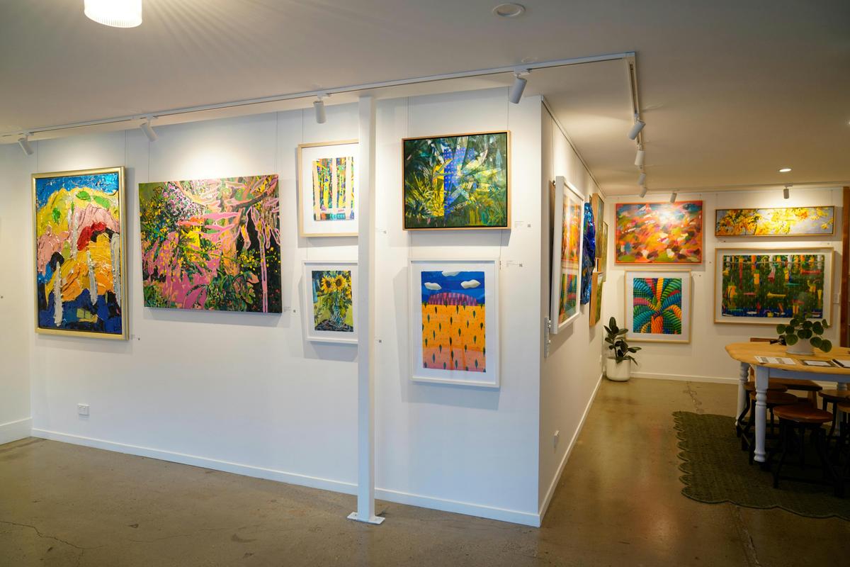 colourful artworks on walls in art gallery currumnbin