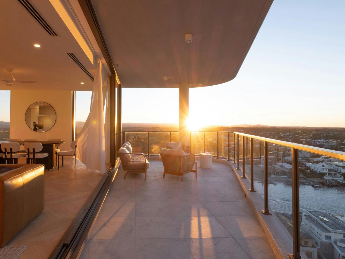 The terrace at sunset, above the river.