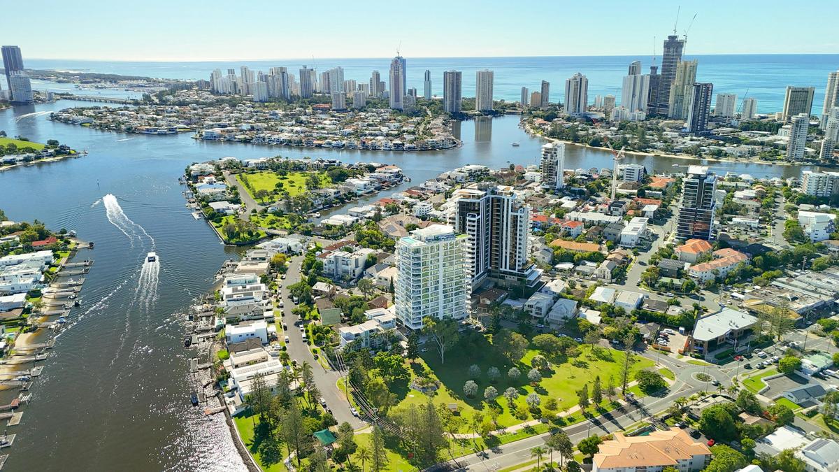 The residence on its riverside island, minutes from Surfers Paradise and the coast.