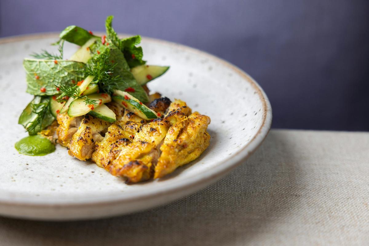 Lemongrass chicken, cucumber herb salad, Thai basil gazpacho