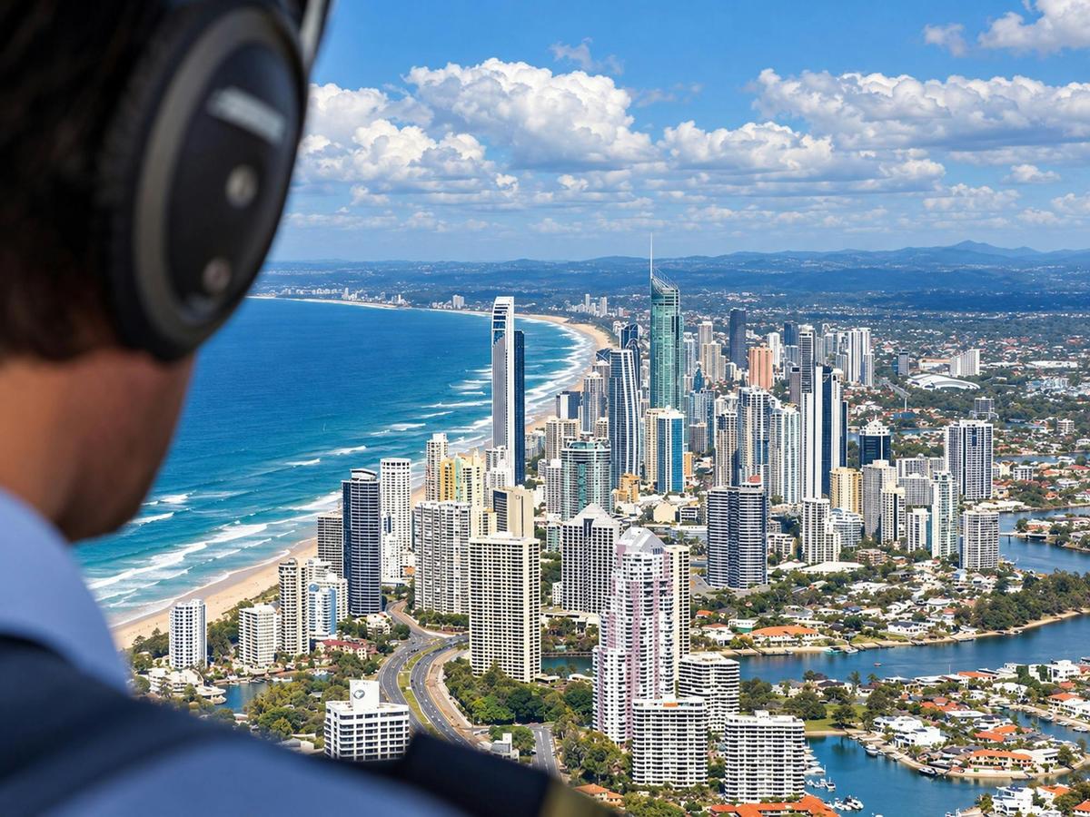 Looking over pilot shoulder at Gold Coast city