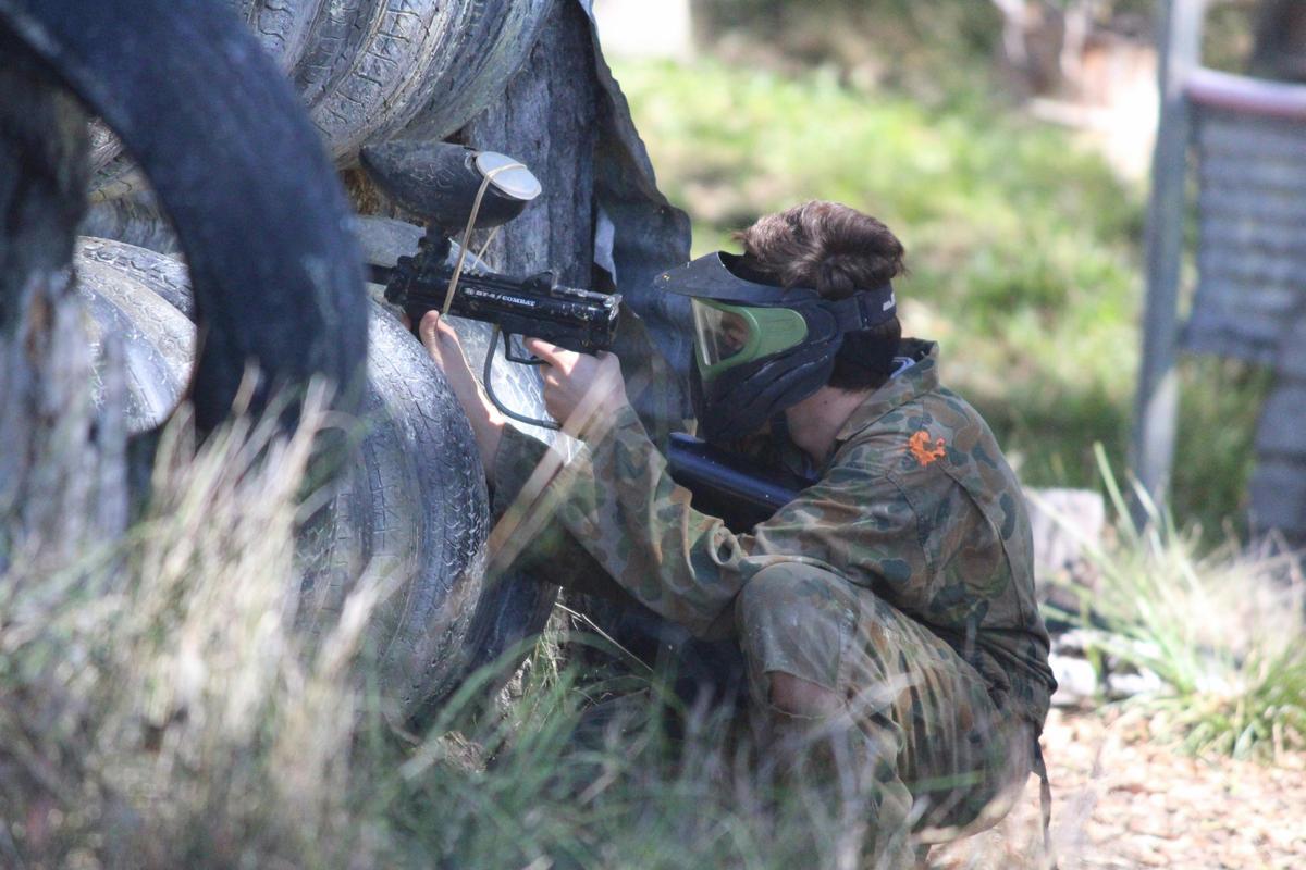 Eye on the target. Experience excitement of paintball. adrenaline fueled experience, outdoor fun