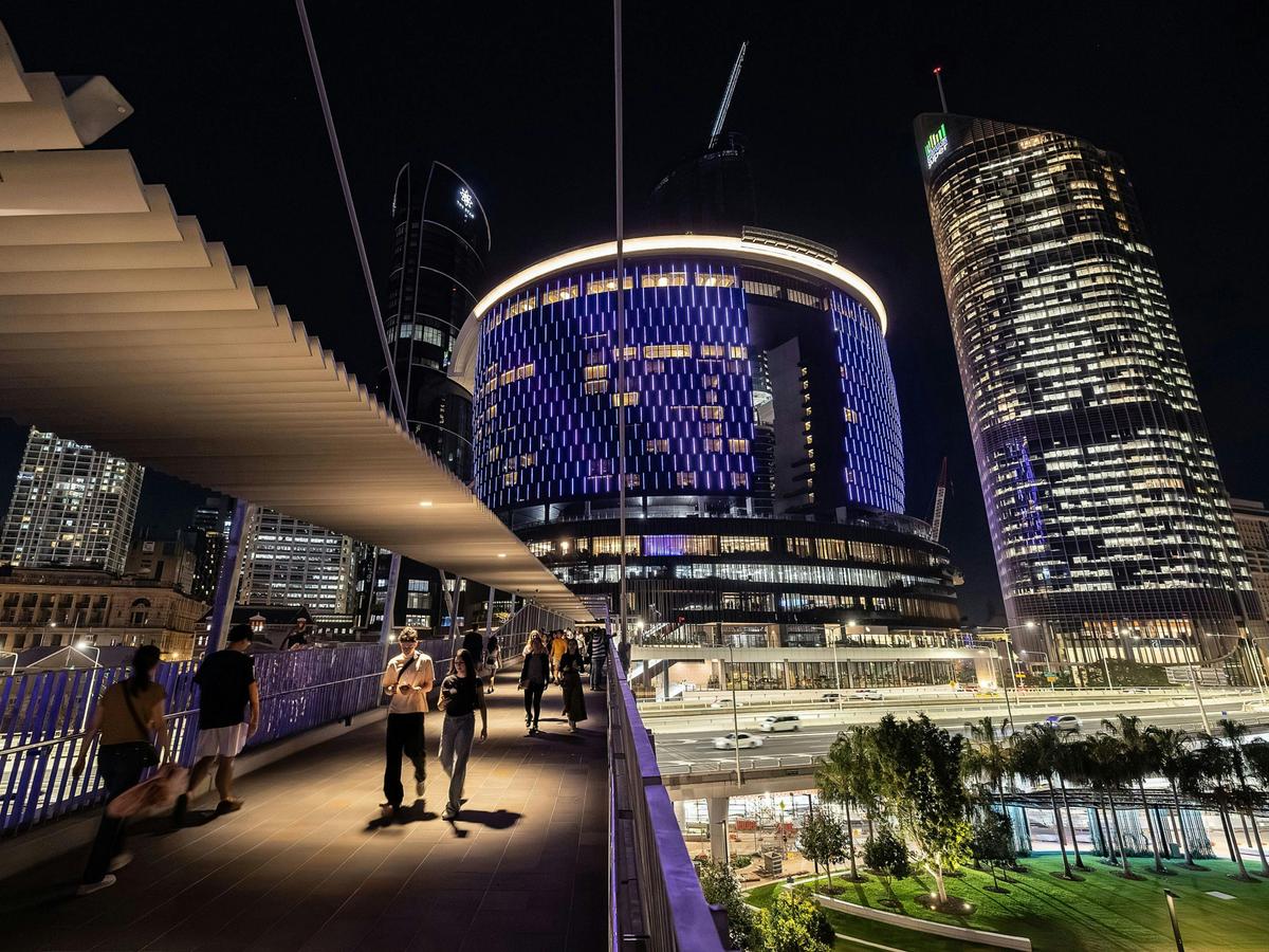 The Star Brisbane building with it's facade lit purple