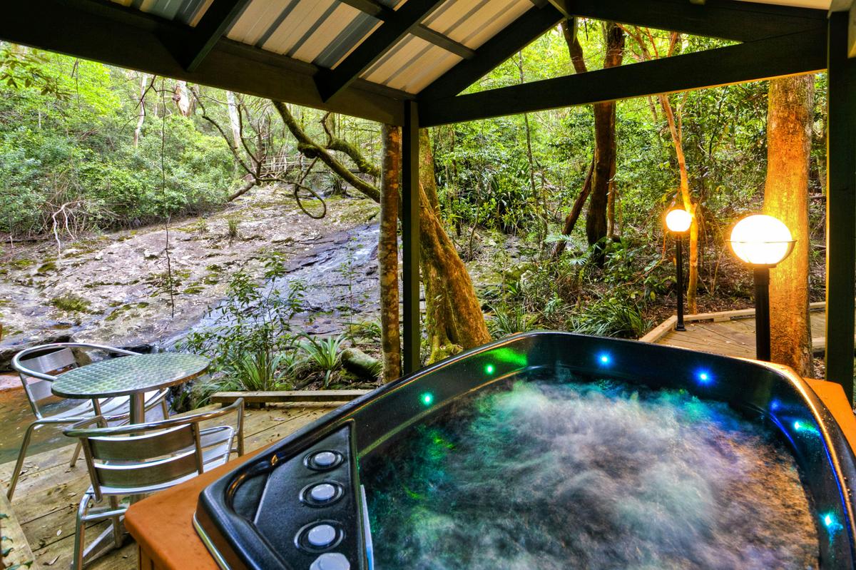 Outside Hot tub with Snow White Chalet