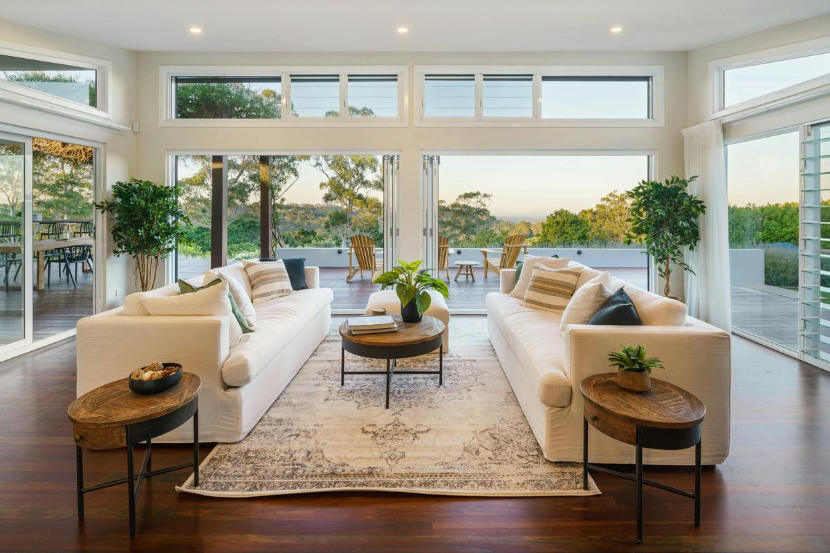 Views of the hinterland paint the perfect backdrop for the open-plan living, kitchen and dining room