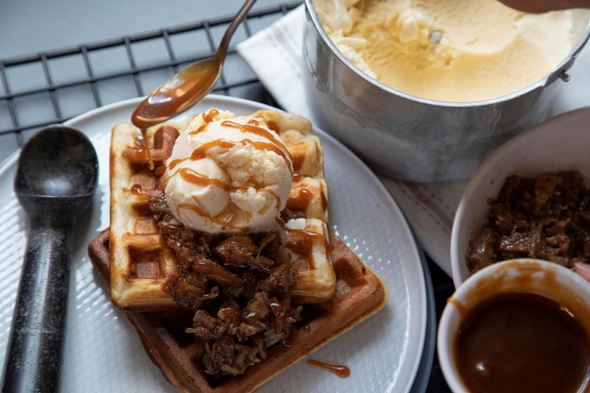 Ungermann Brothers Ipswich Homemade waffles with sweet pork belly and caramel.