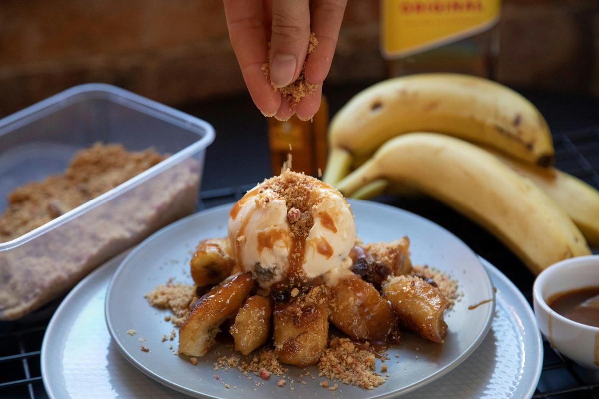 Ungermann Brothers Ipswich Charred Bananas Foster with rum soaked raisins ice cream.