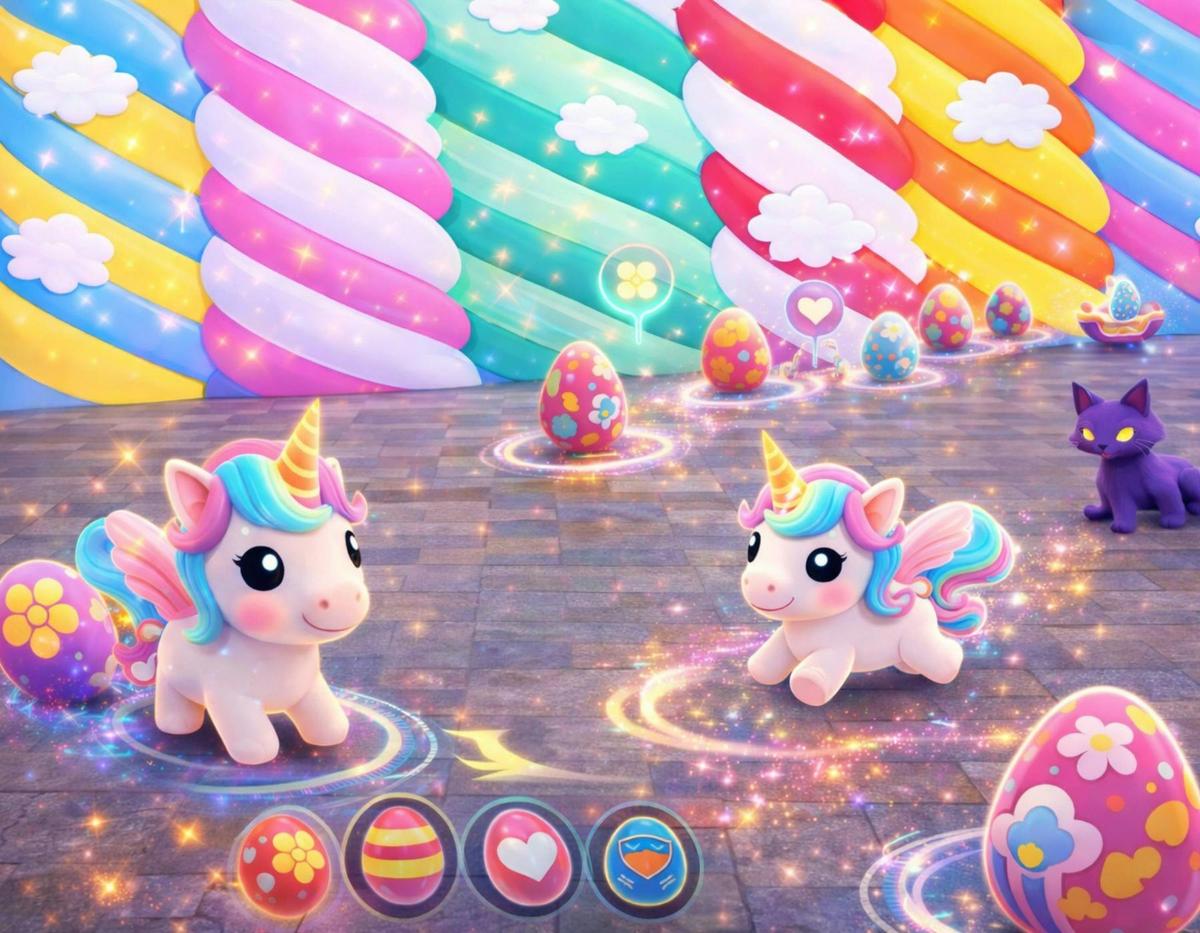 Follow the unicorns. Collect the eggs. Watch out for the fox.
