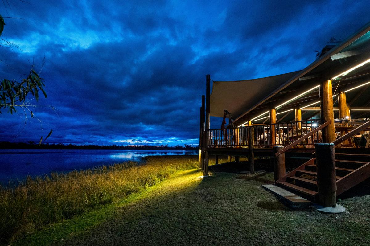 Main deck of the lodge at twilight