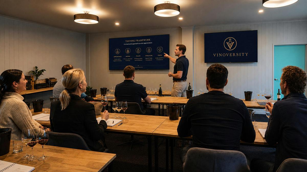 A guided Vinoversity wine tasting and masterclass in the Granite Belt classroom.