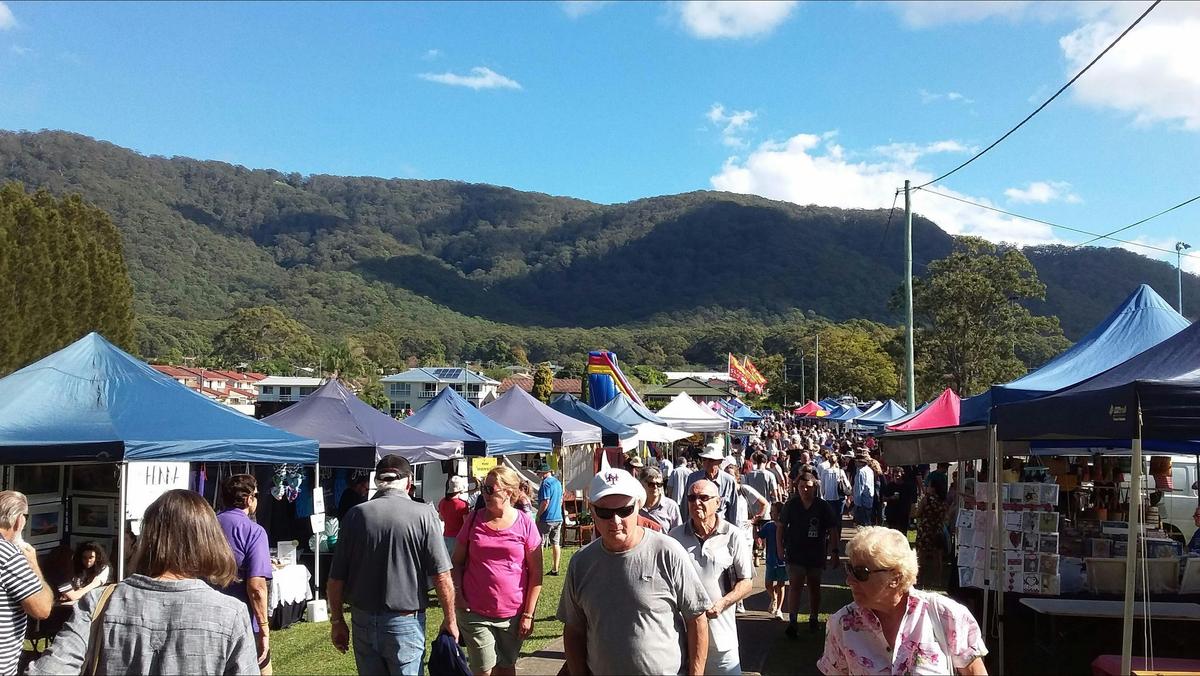The Laurieton Riverwalk Market with beautiful North Brother Mountain behind