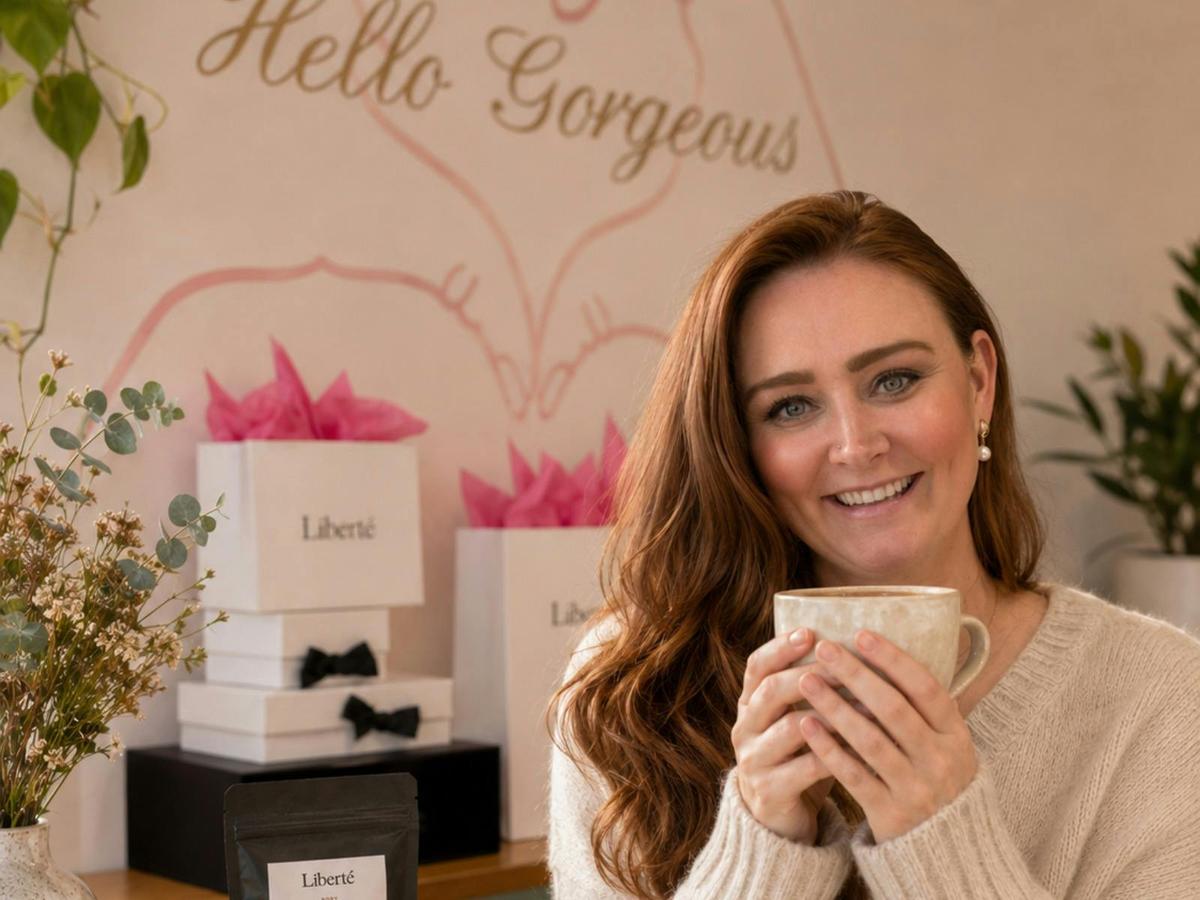 Founder Sarah enjoying Liberté Self Care Tea in store