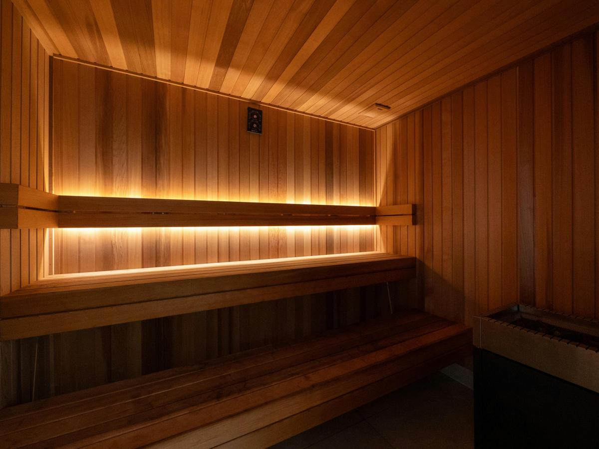 The building sauna, cedar-lined.