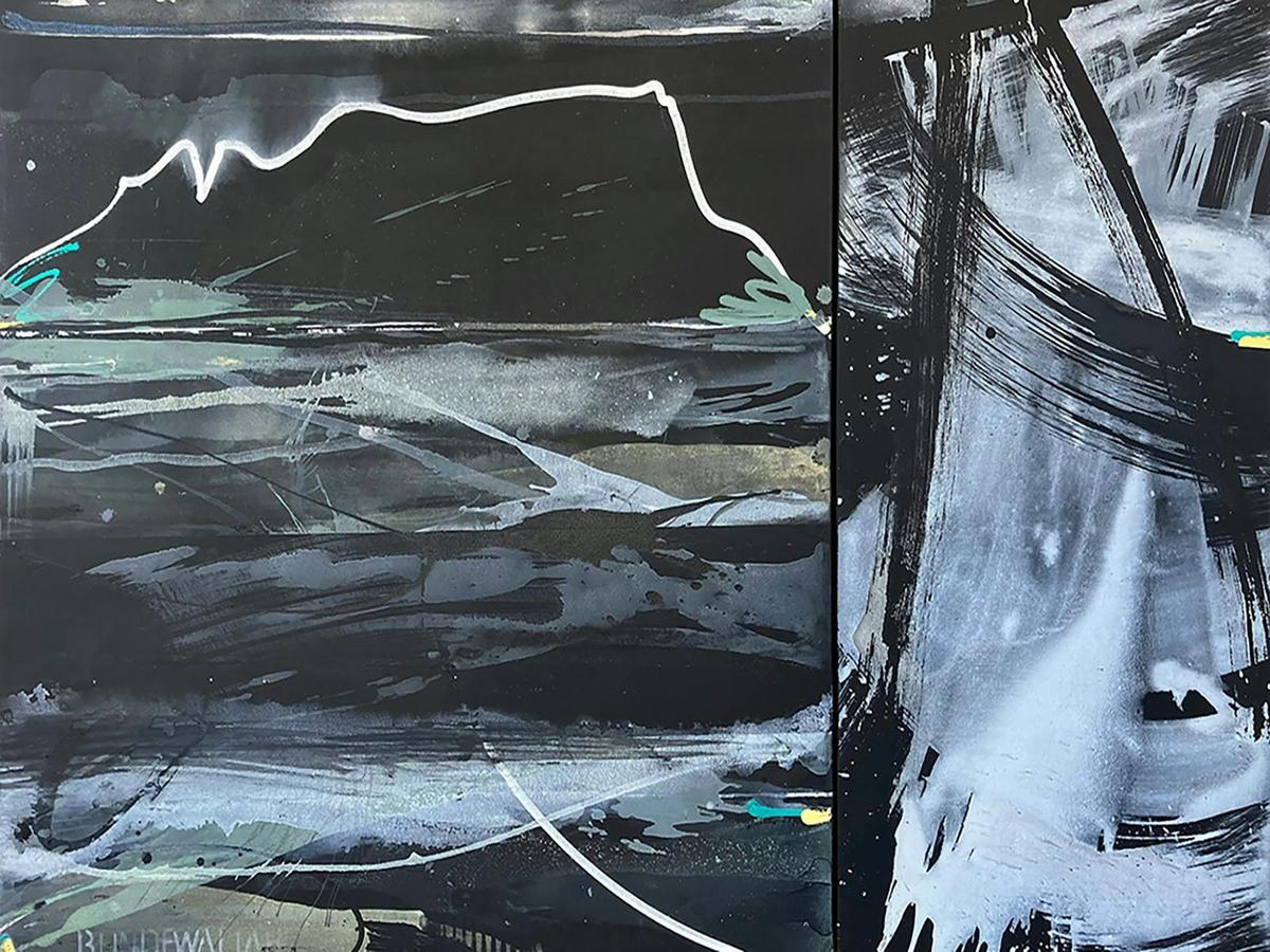 Detail: Judy Trick: Storm Over Berry Mountain, 2026.  Mixed media on canvas.138x92cm. (diptych)