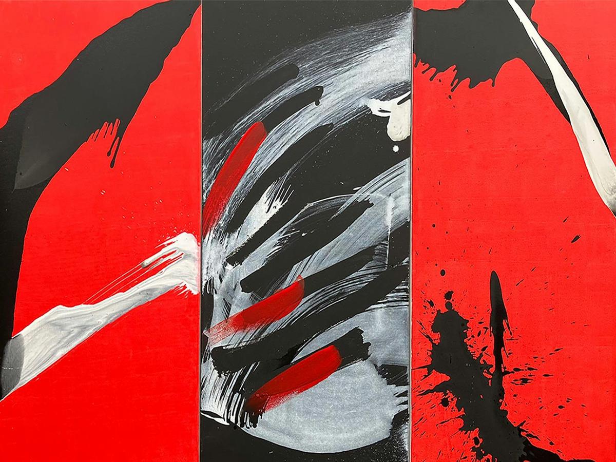 Detail: Judy Trick: Trident, 2026.  Mixed media on canvas.138x92cm. (triptych)