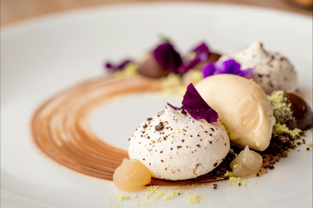 Chocolate filled pavlova, PX ice cream, ginger chocolate cups, lime and mint dust