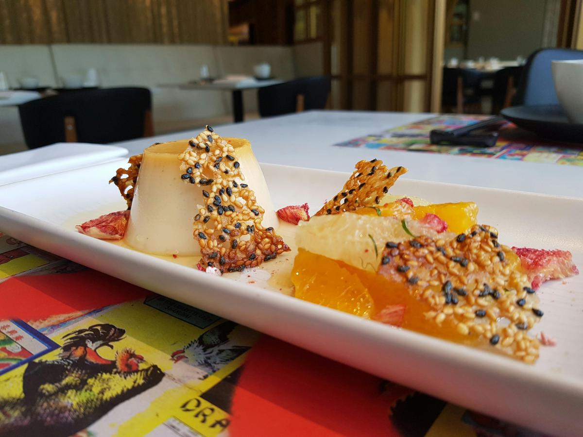 yuzu tofu cream caramel with citrus and mint