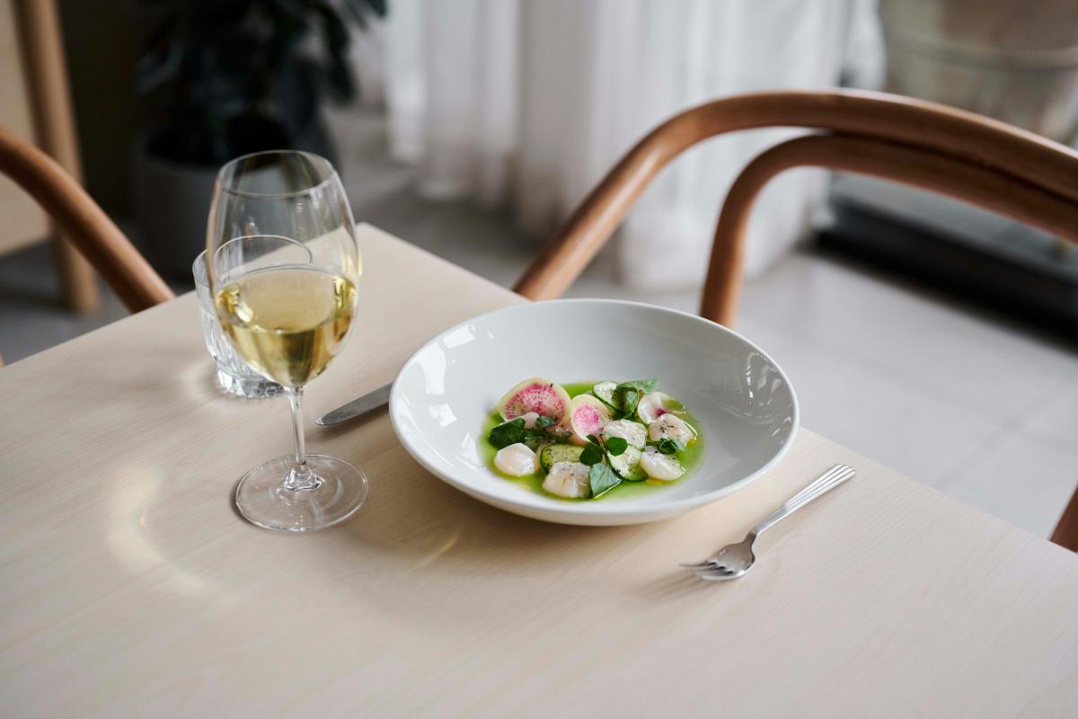 Citrus cured scallops with cucumber lime jus