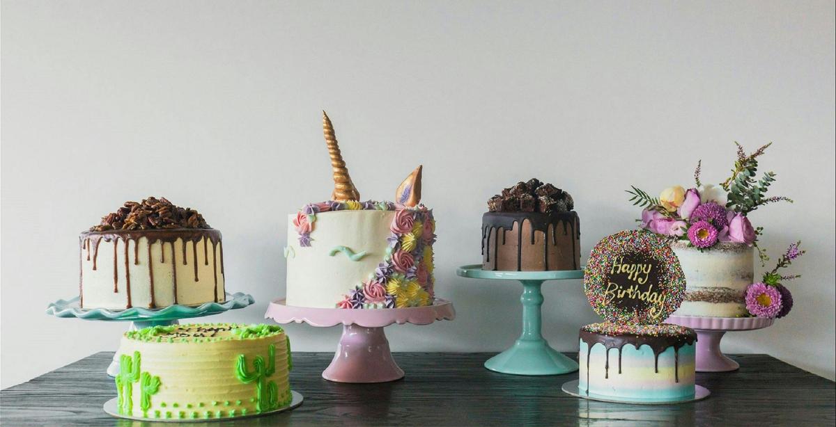 Line of decorated cakes