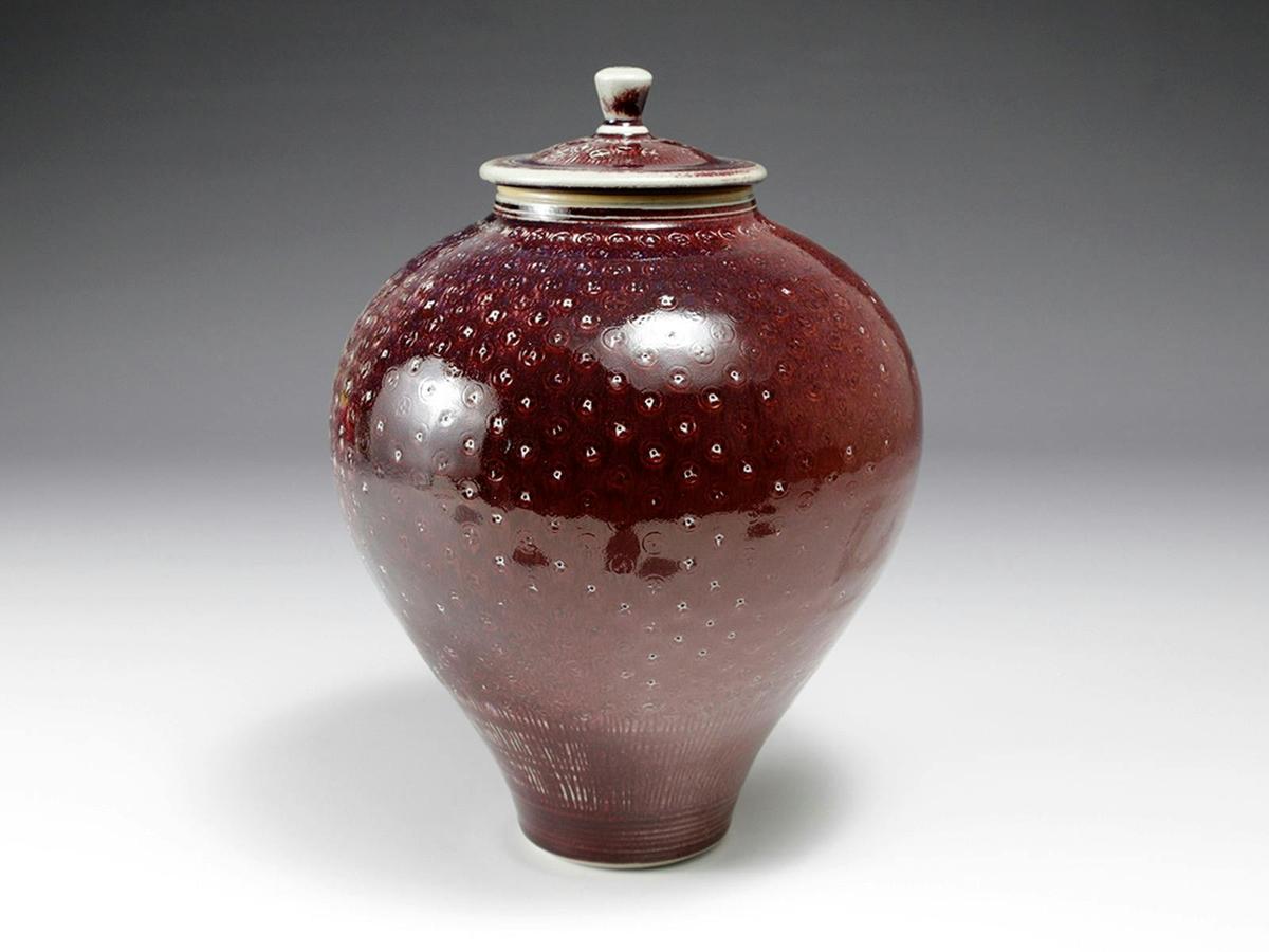 Copper Red Jar carved decoration by Malcolm Cooke Hand made stoneware fired in the wood fired kiln