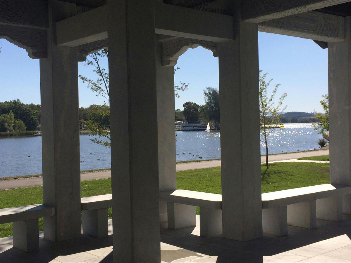 Views from the Chinese pavilion in the Beijing Garden towards Lotus Bay