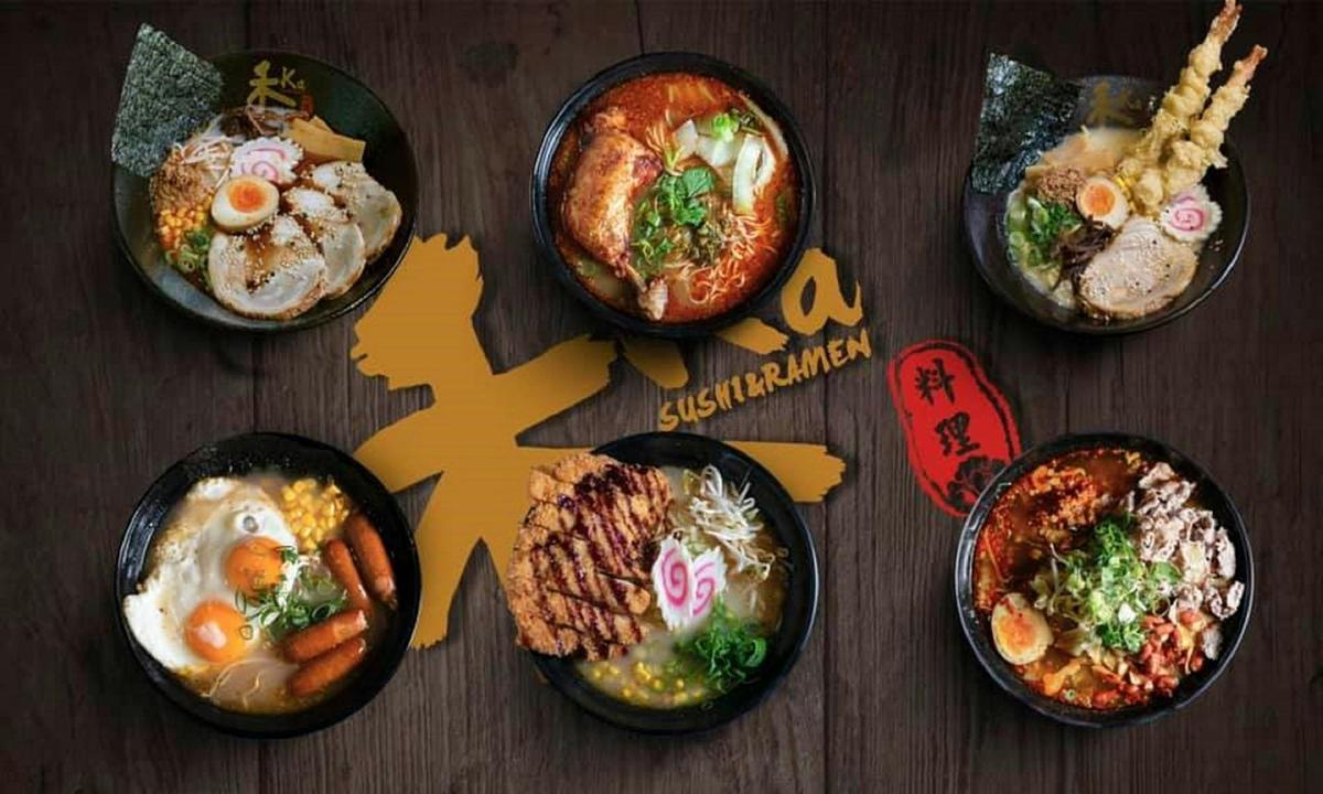 Six different ramen dishes on a wooden table.