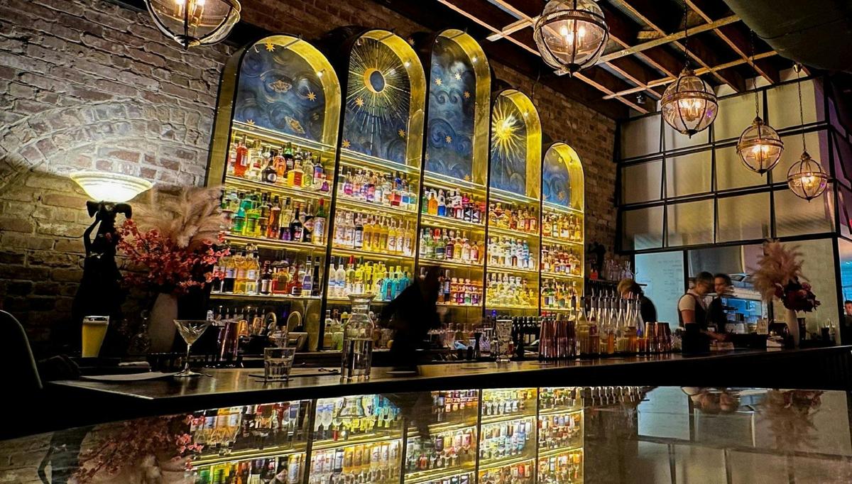 Beautiful decorative shelves behind bar