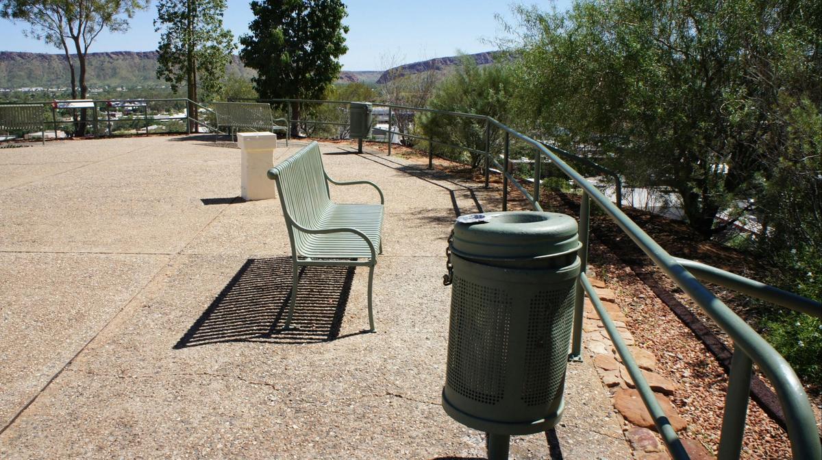 Detail of seating and bins at the Anzac Hill Memorial