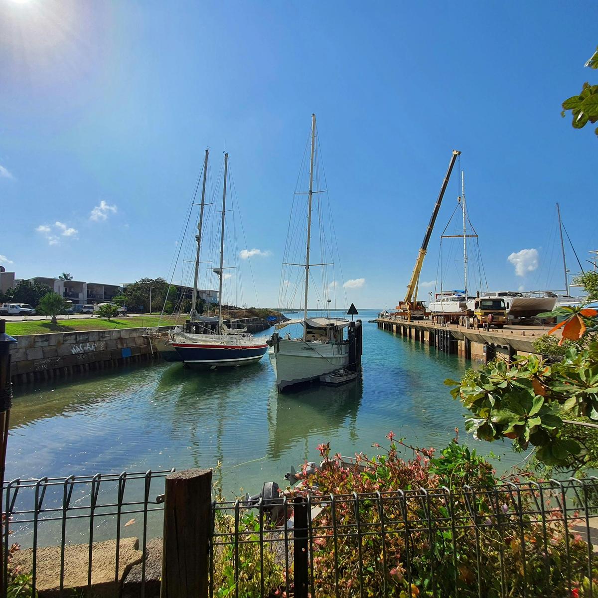 Yachts on the careening poles in the DBCYA channel