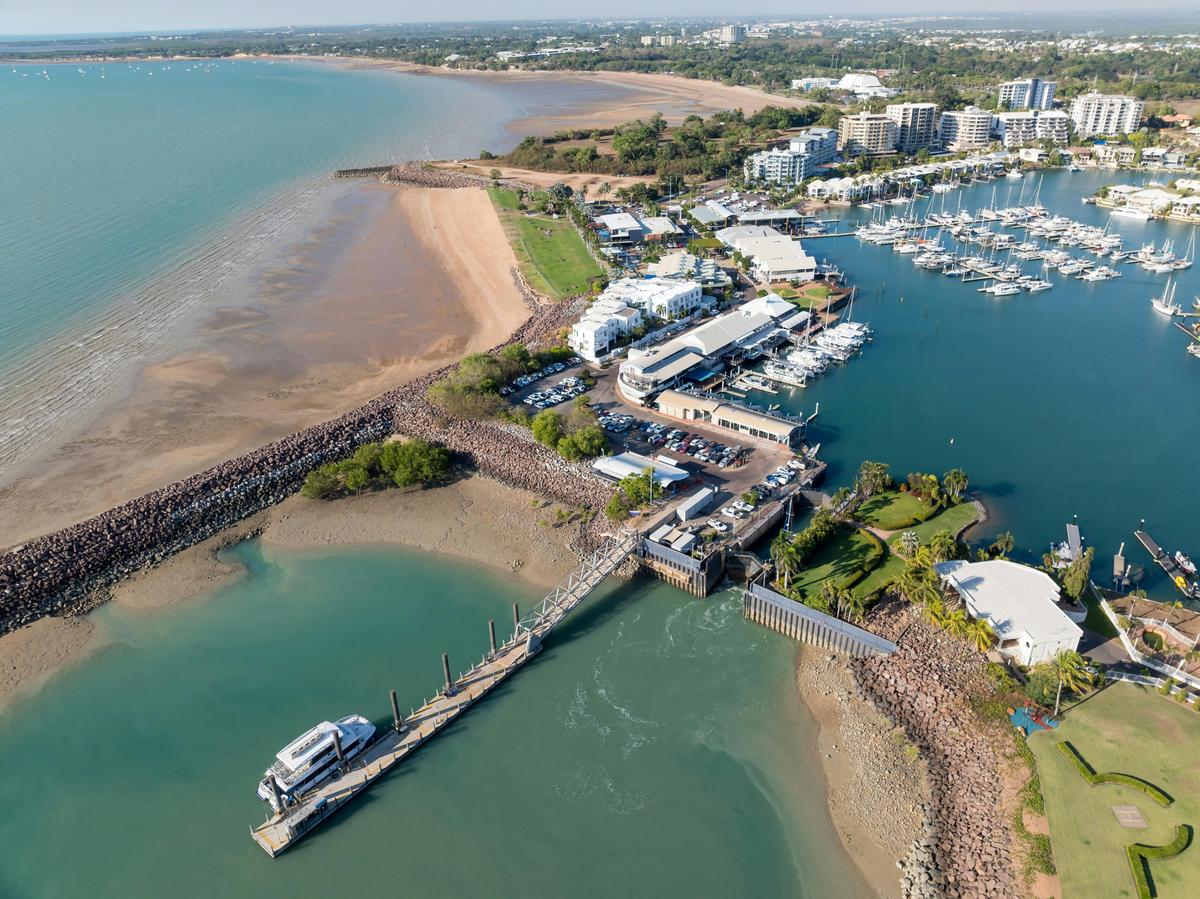 Cullen Bay Lock and ferry pontoon from outside the Lock. Formal arrival and exit processing area.