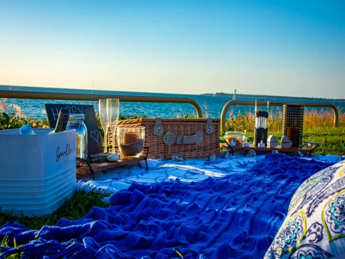 Blue sky with blue picnic set up