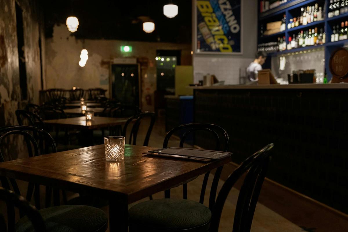Dim lit dining area in Stone House