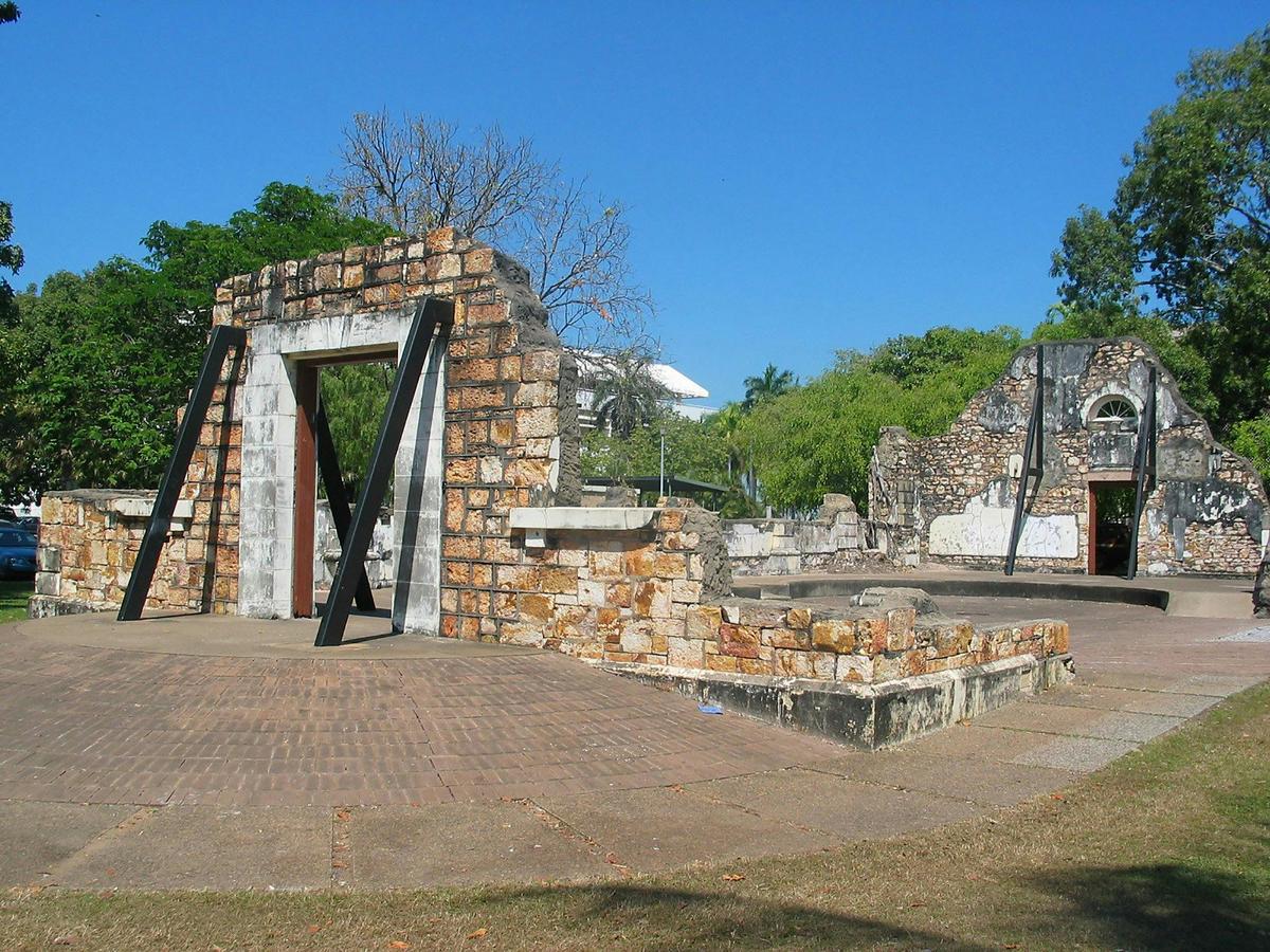 Town Hall Ruins with stabilisers and paving to reflect Cyclone Tracy.