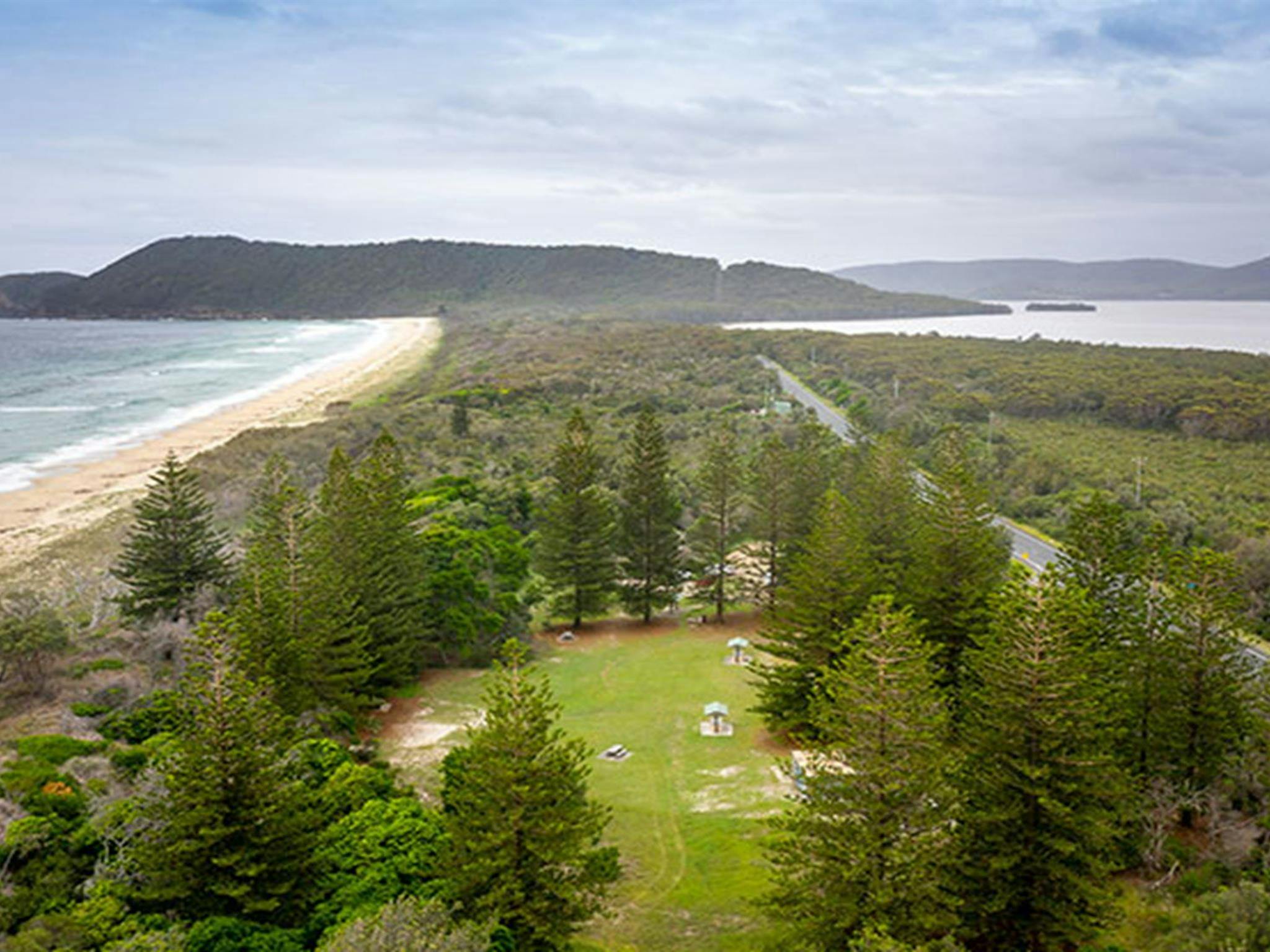 Aerial view of Santa Barbara picnic area, Seven Mile Beach and Wallis Lake. Photo credit: John