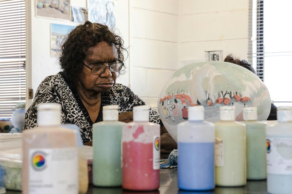 Senior artist Judith Pungarta Inkamala at work in the studio