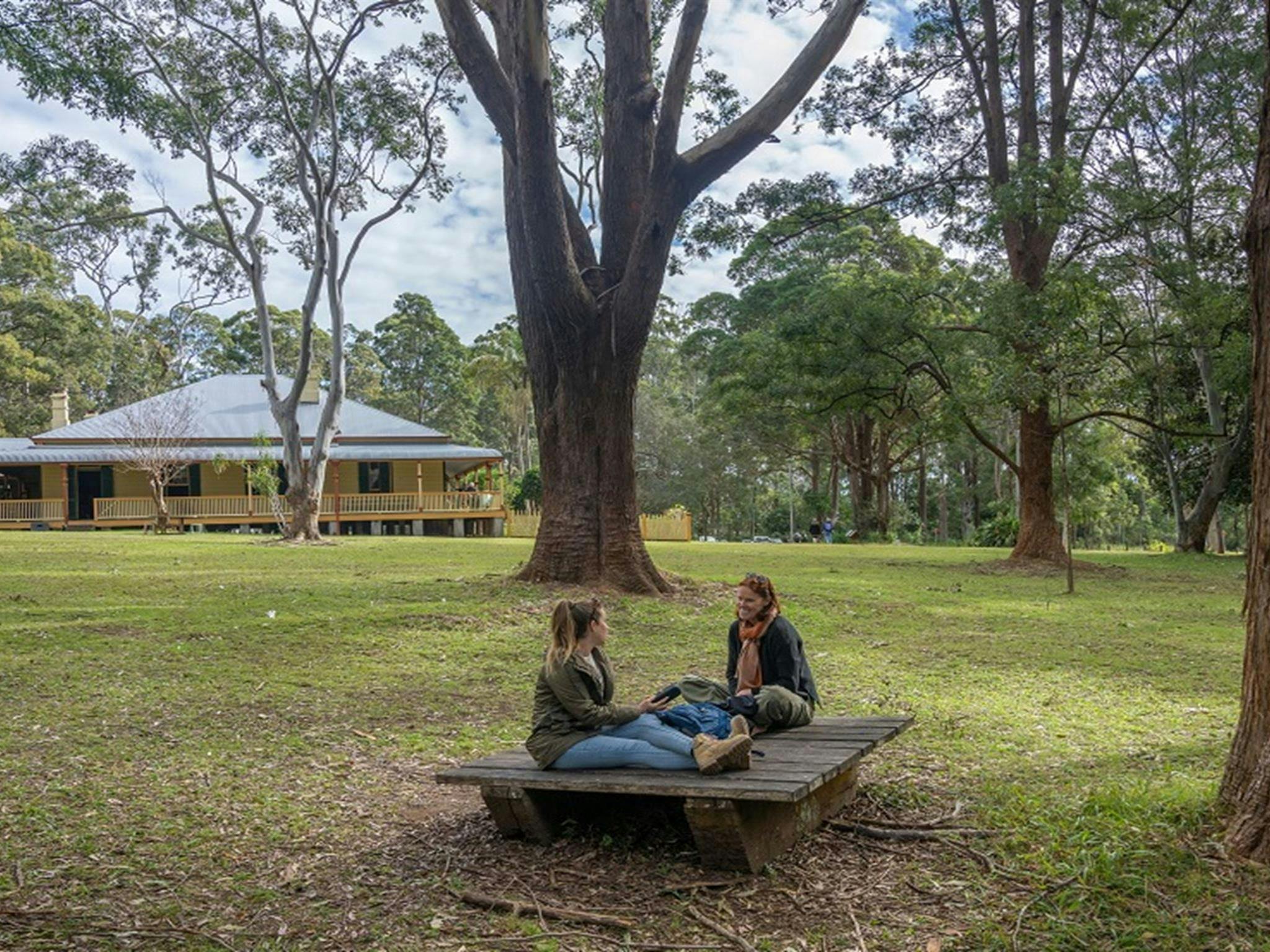 Two women have a relaxed chat sitting on a low wooden platform in the shade of gum trees, with Roto