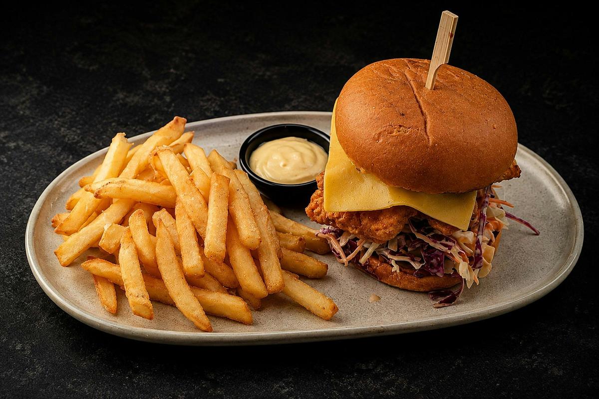 Crispy chicken burger with chips