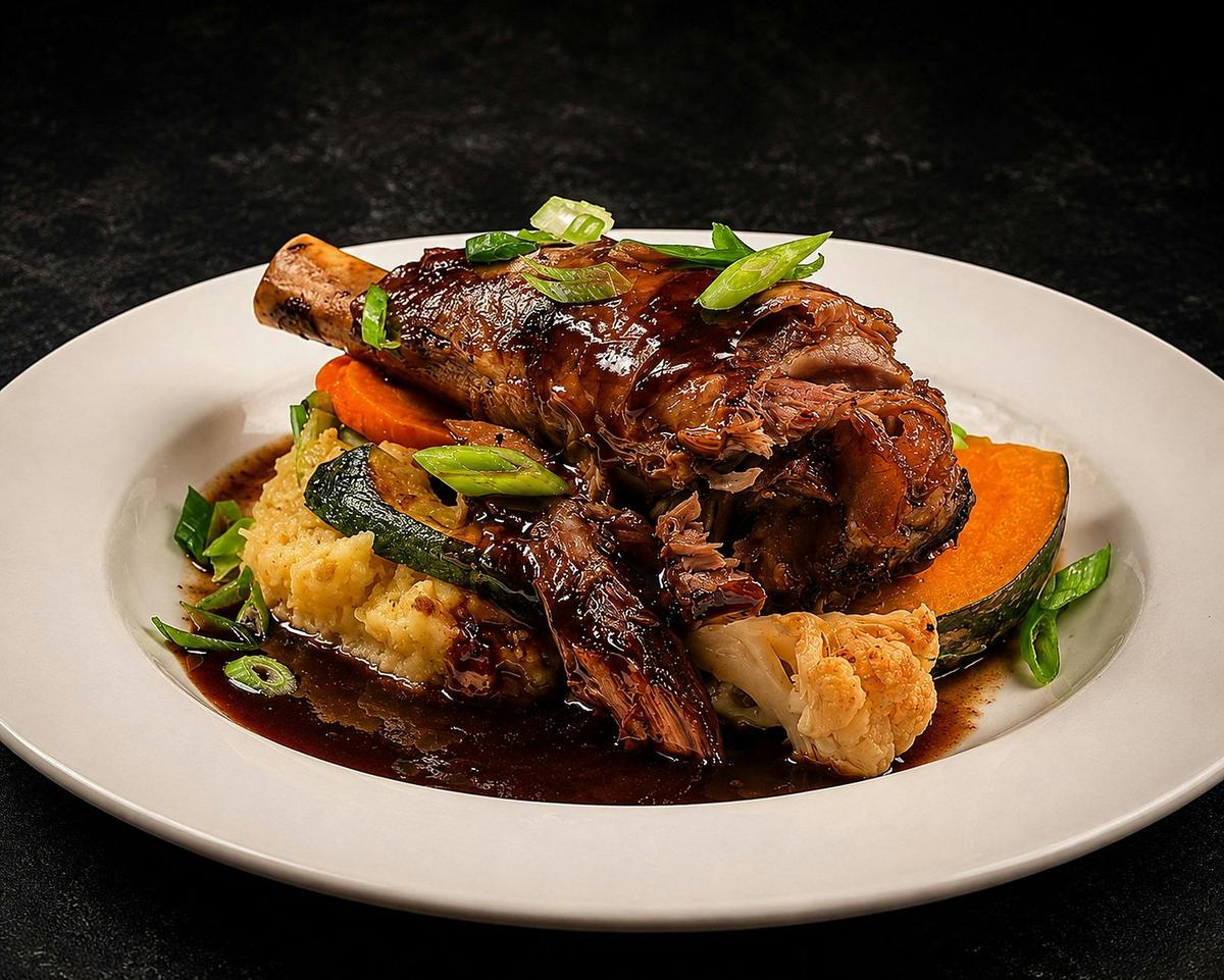 Slow-cooked lamb shank with mash and seasonal vegetables