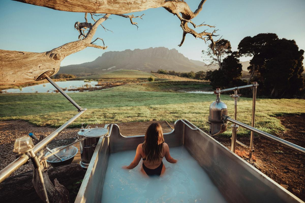 Soaking in heaven at the foothills of Mount Roland on Sunset - Steamy Winter Perfection in Tasmania!