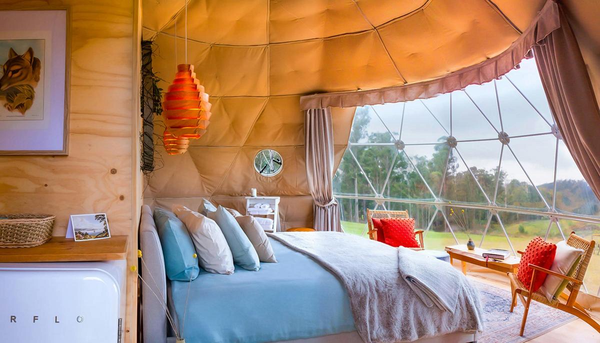 Spacious 28sqm geodesic dome, panoramic vineyard views, insulated, king-size bed, fridge + ensuite