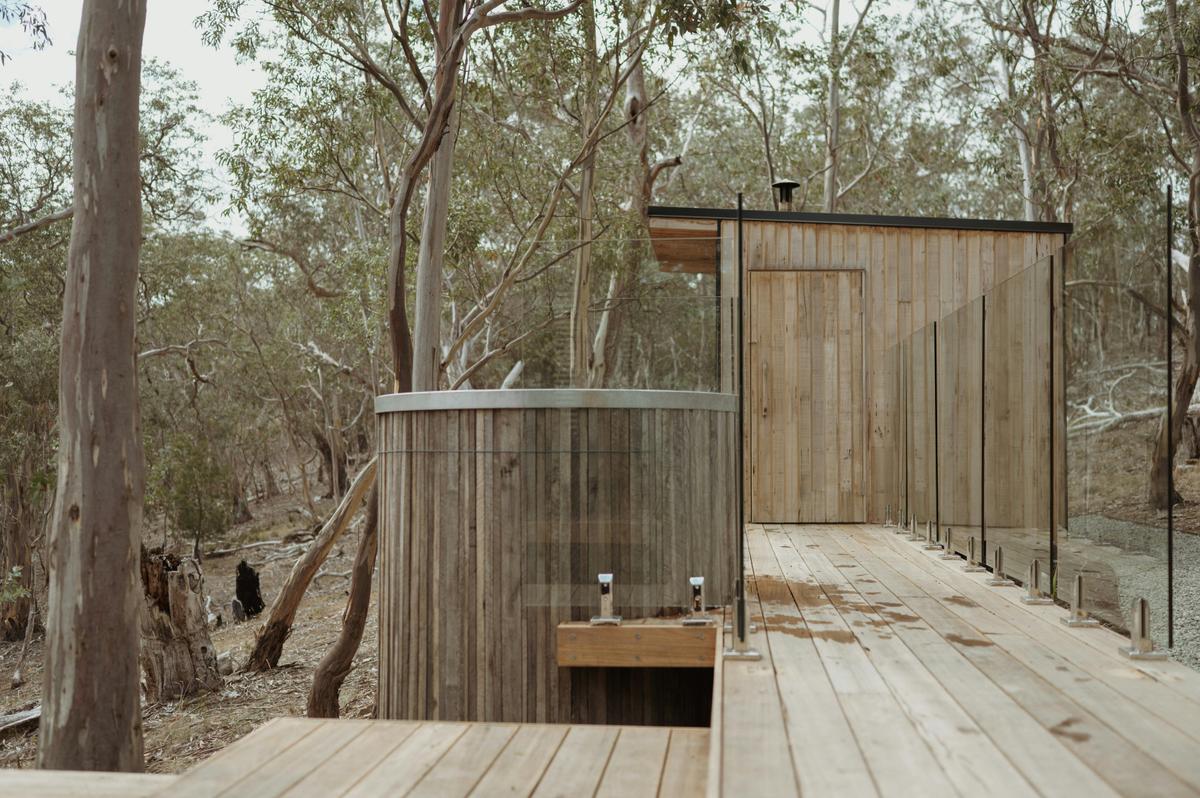 Woodfired sauna and cold plunge set amongst Tasmanian bush